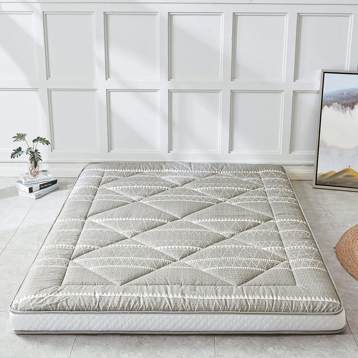 Japanese Floor Mattress, Thicken Foldable & Portable Roll up Camping Mattress, Bohemia Grey Queen