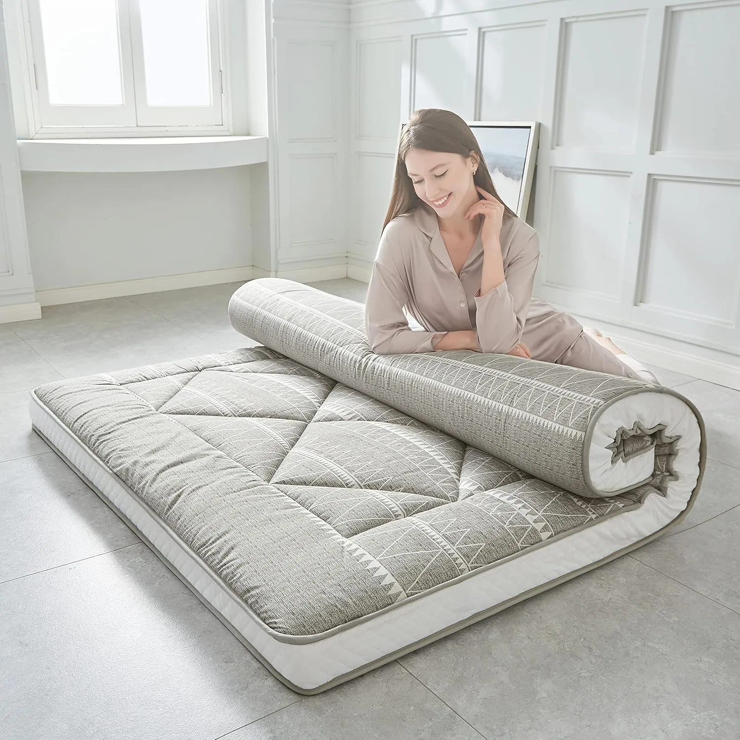 Japanese Floor Mattress, Thicken Foldable & Portable Roll up Camping Mattress, Bohemia Grey Queen