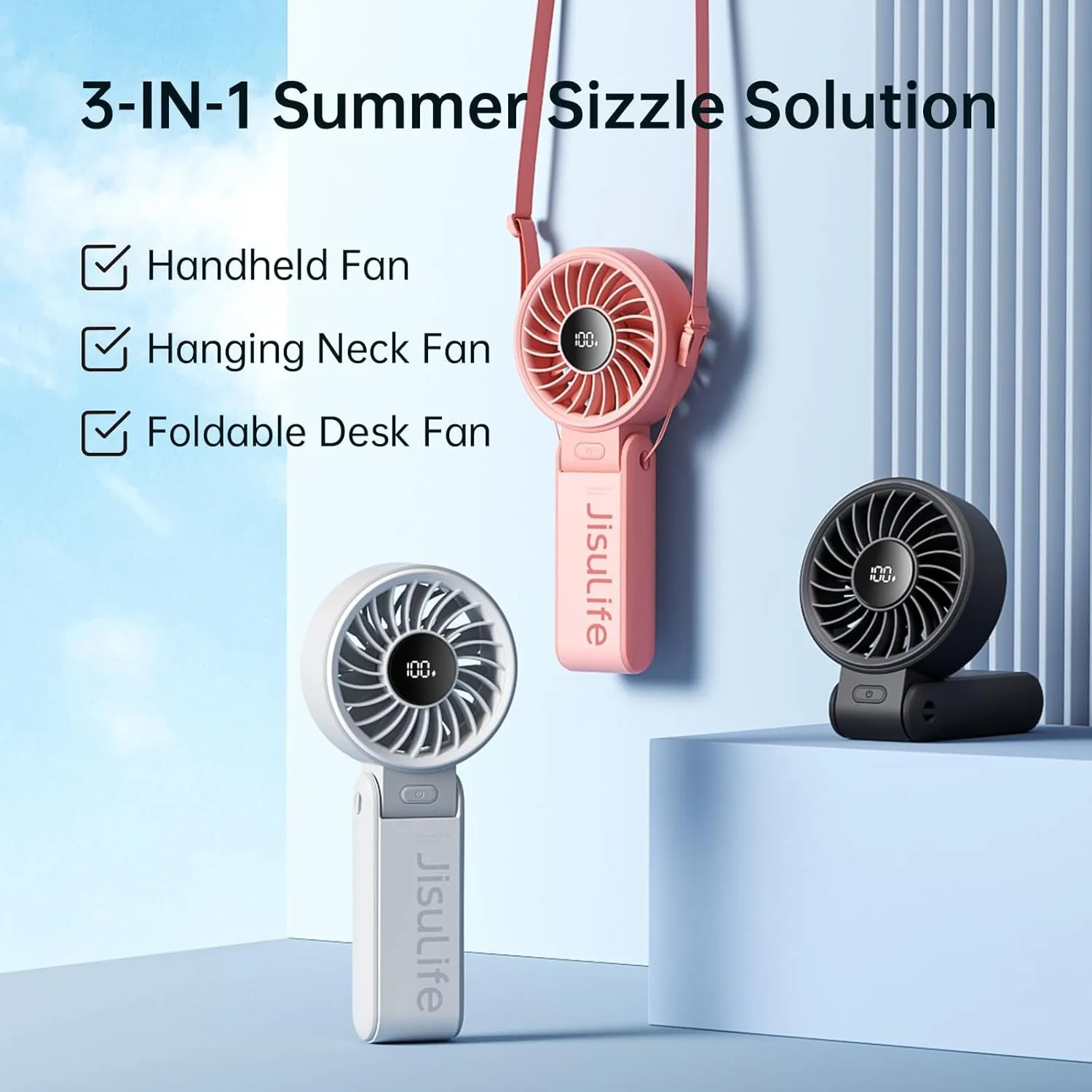 JISULIFE Handheld Fan Life7 – Ultimate Flexibility: High-Power Motor, LED Display, 13 Hrs Cooling, 3600mAh Rechargeable, 5-Speed, Foldable Design, 3-IN-1 Portable Fan for Travel Cruise Beach(Black)