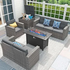 JOIVI 8 Pieces Patio Furniture Set with 45” Fire Pit Table, Outdoor Conversation Set with 50000 BTU Gas Fire Pit, Rattan Sectional Sofa Set with Storage Box for Garden, Backyard, Grey