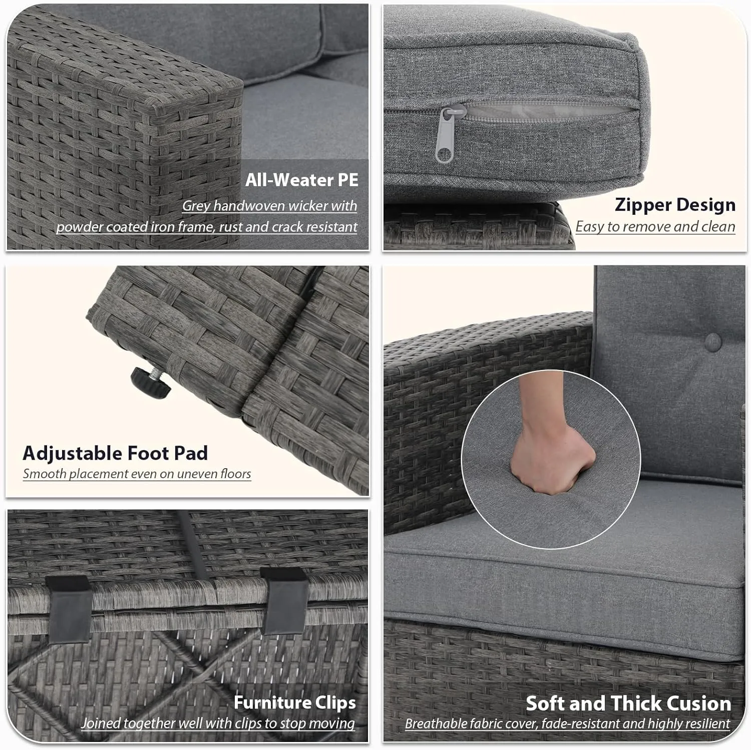 JOIVI 8 Pieces Patio Furniture Set with 45” Fire Pit Table, Outdoor Conversation Set with 50000 BTU Gas Fire Pit, Rattan Sectional Sofa Set with Storage Box for Garden, Backyard, Grey