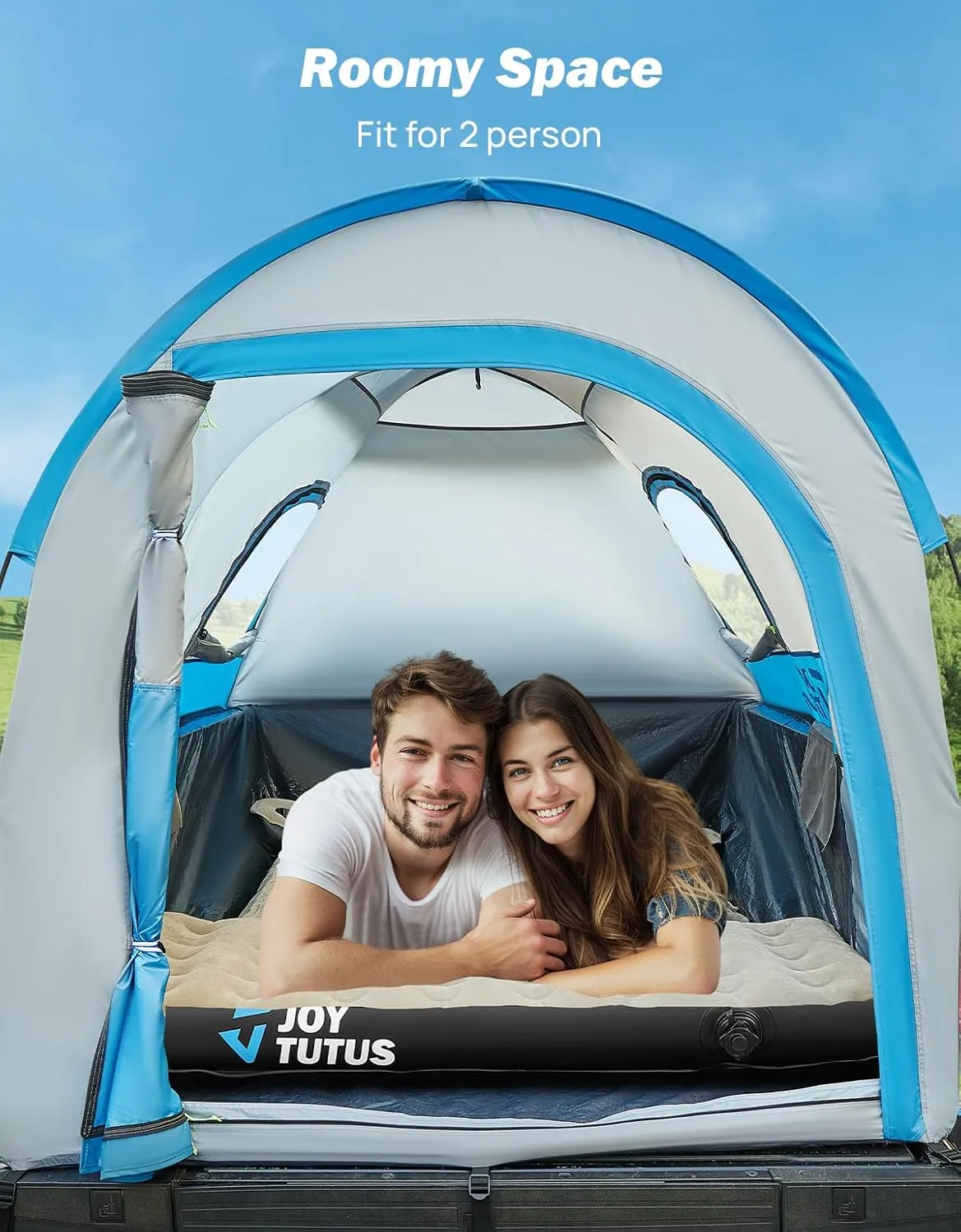 JOYTUTUS Truck Tent with Rainfly 6.5Ft, Straight Spacious Truck Bed Tent with Sky View Mesh, Waterproof PU2000mm Double Layer for 2 Person, Gray Blue