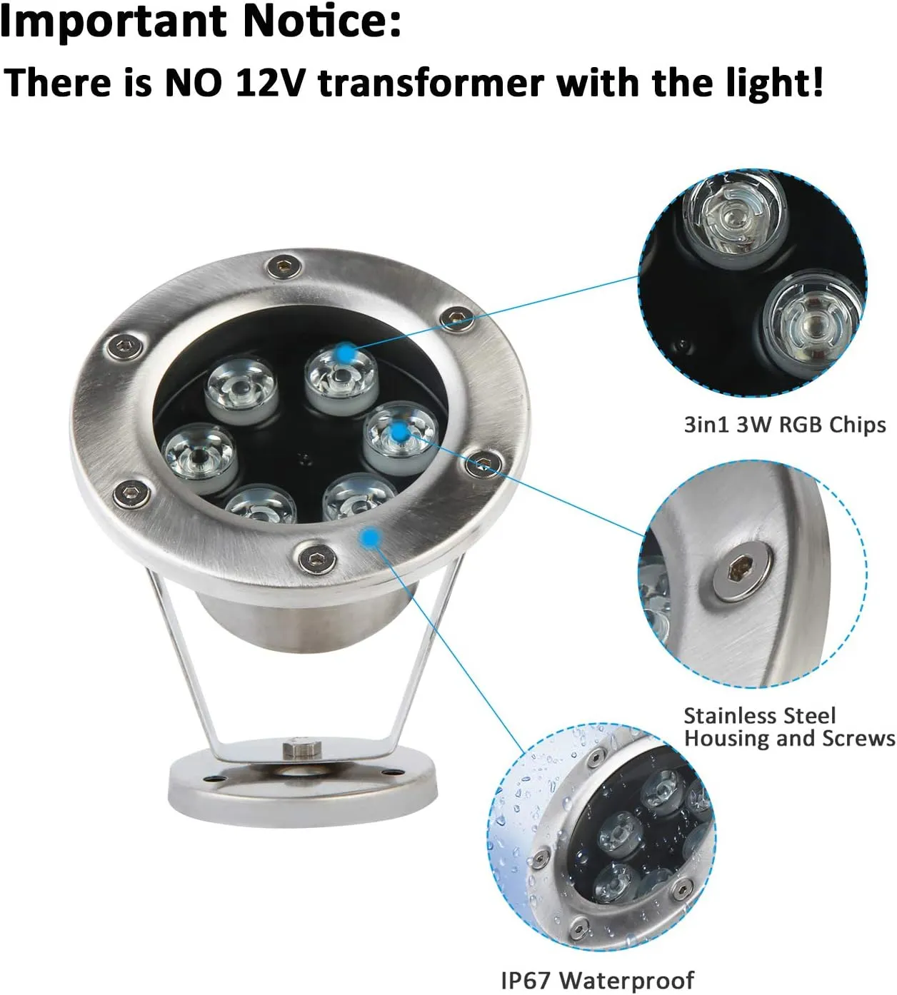 JSN&PC LED Underwater Lights 18W RGB Color Changing with RF Remote Controller & IP68 Waterproof Joint for Party Swimming Pool Fountain Water Rockery Grass Land