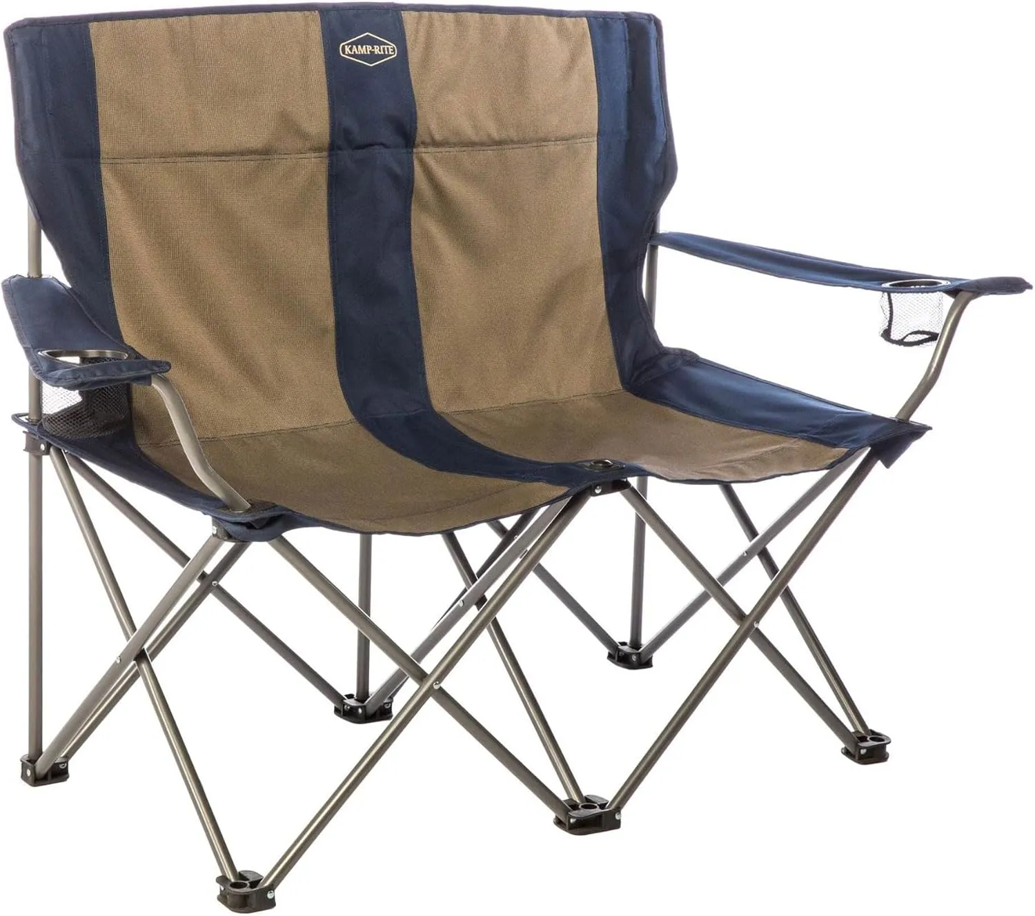 Kamp-Rite Portable 2 Person Double Folding Collapsible Outdoor Patio Lawn Beach Chair for Camping Gear, Tailgating, & Sports, 500LB Capacity, Navy/Tan