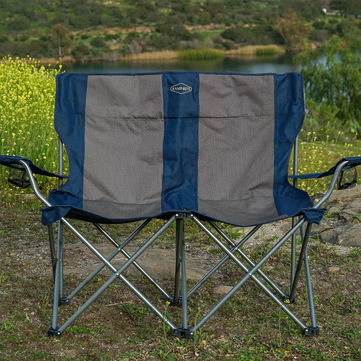 Kamp-Rite Portable 2 Person Double Folding Collapsible Outdoor Patio Lawn Beach Chair for Camping Gear, Tailgating, & Sports, 500LB Capacity, Navy/Tan