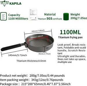 KAPILA 1100ml Titanium Frying Pan with Stainless Steel Folding Handle Camping Pot Titanium Camping Pot Titanium Cookware Backpacking (1100ml)