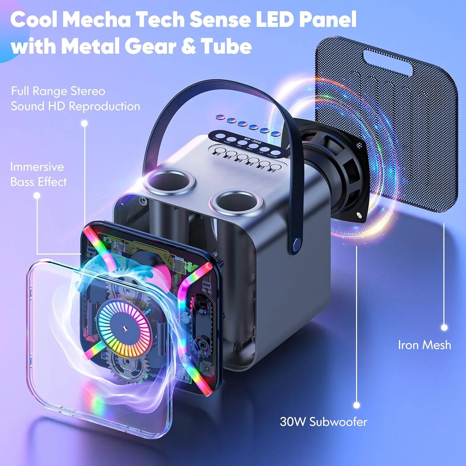 Karaoke Machine for Adults with Two Wireless Microphones, Bluetooth Speaker, LED Light Show, 360-Degree Stable Bass Mic, Silver
