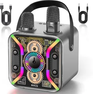 Karaoke Machine for Adults with Two Wireless Microphones, Bluetooth Speaker, LED Light Show, 360-Degree Stable Bass Mic, Silver