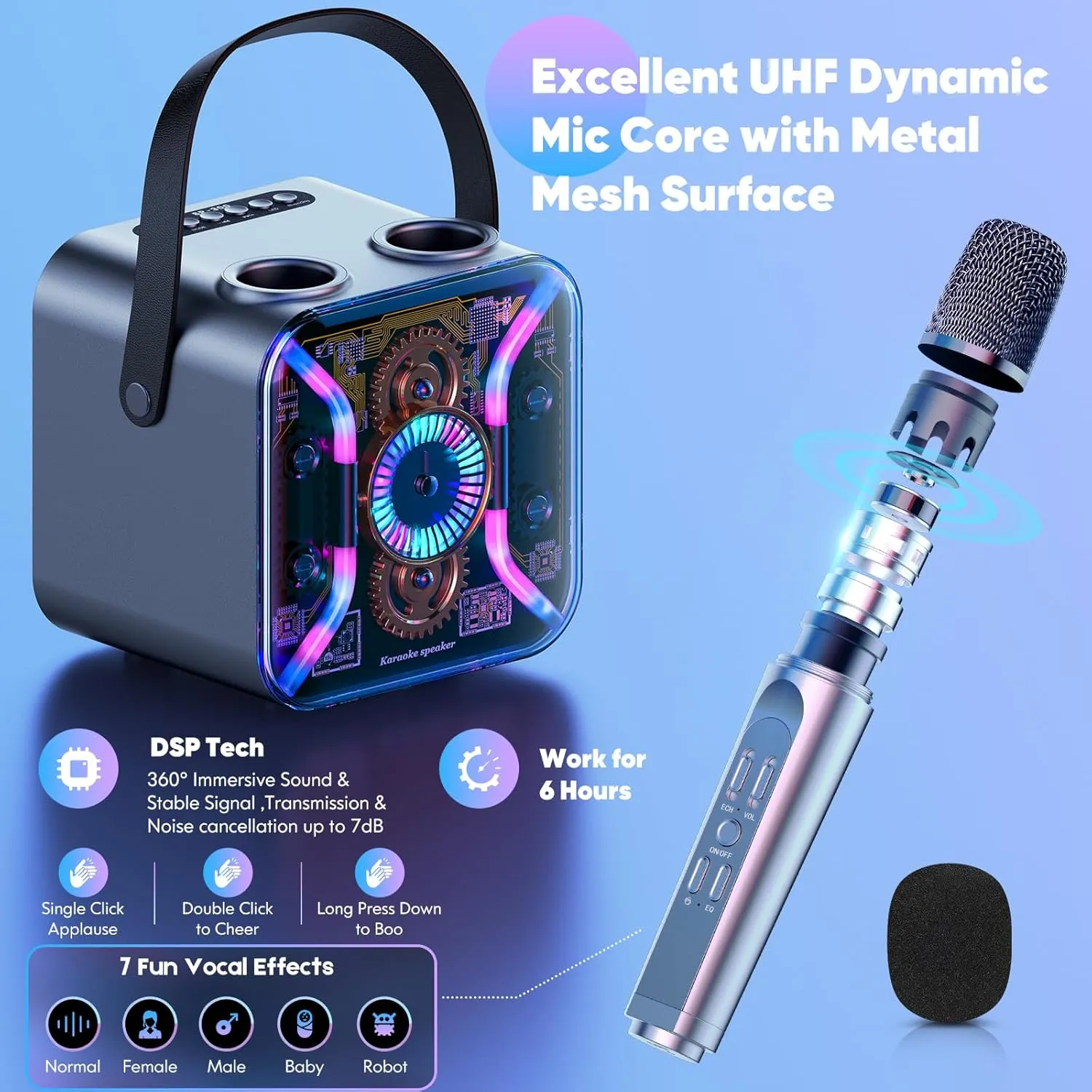 Karaoke Machine for Adults with Two Wireless Microphones, Bluetooth Speaker, LED Light Show, 360-Degree Stable Bass Mic, Silver