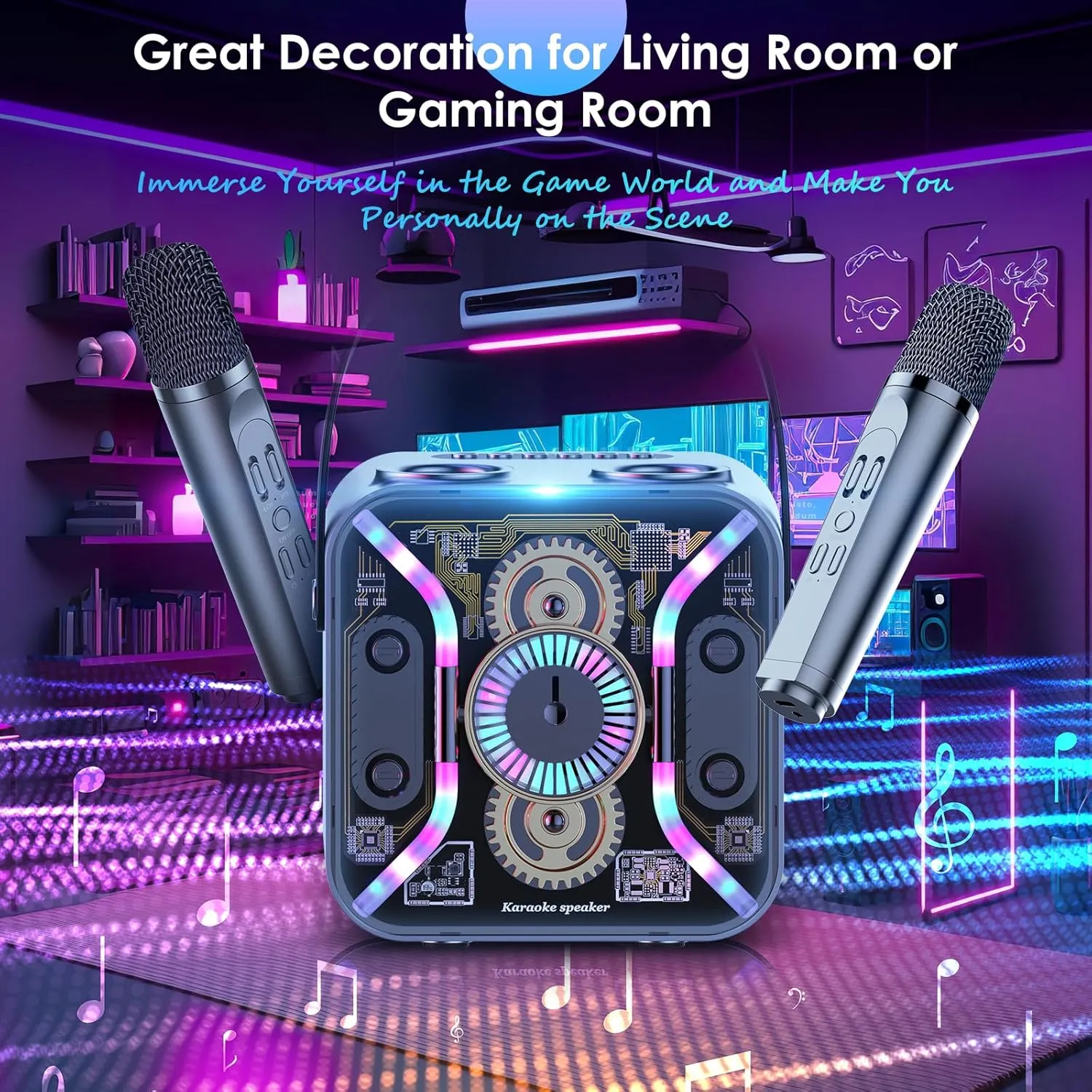 Karaoke Machine for Adults with Two Wireless Microphones, Bluetooth Speaker, LED Light Show, 360-Degree Stable Bass Mic, Silver