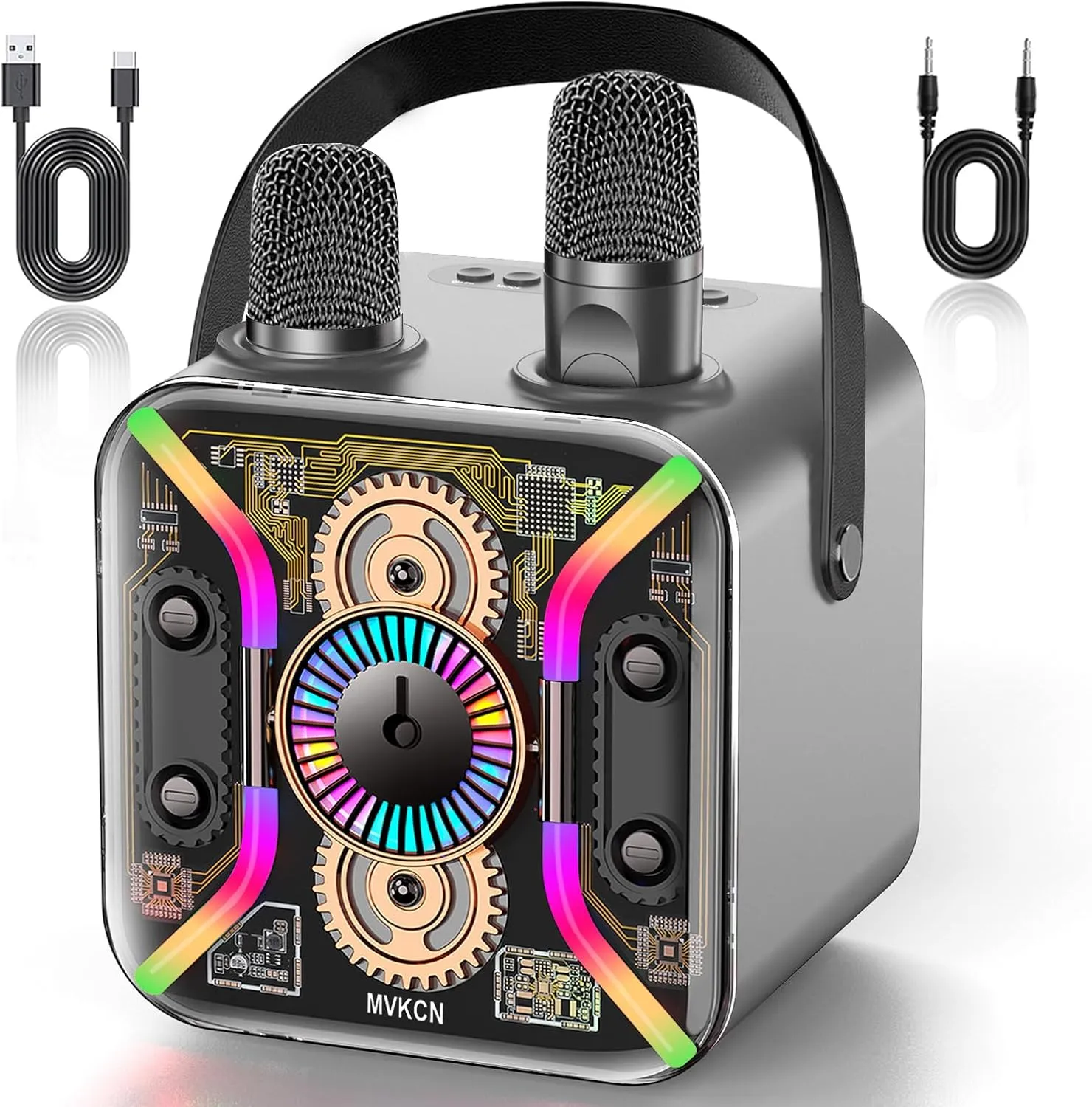 Karaoke Machine for Adults with Two Wireless Microphones, Bluetooth Speaker, LED Light Show, 360-Degree Stable Bass Mic, Silver