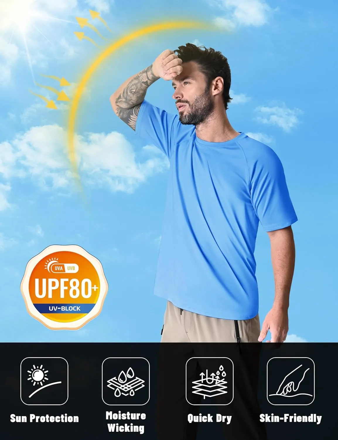 KEFITEVD Men‘s UPF 80  Swim Shirts Short Sleeve UV SPF Shirts Quick Dry Rashguard Sun Shirts Lightweight Workout T-Shirts