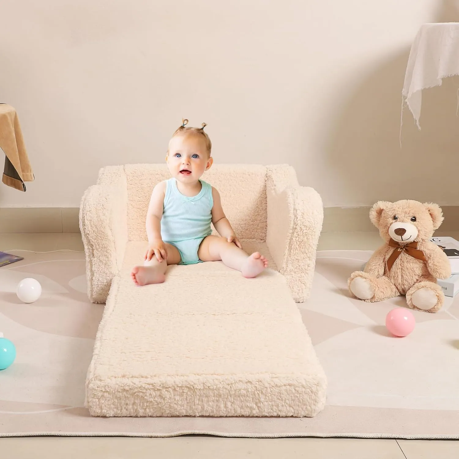 Kids Chairs for Toddler, 2-in-1 Toddler Soft Sherpa Couch Fold Out, Convertible Sofa to Lounger for Girls and Boys, Cream