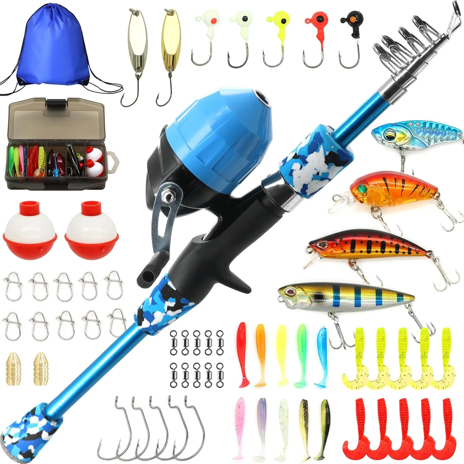 Kilitn Kids Fishing Pole Kit, Easy Fishing Telescopic Casting Rod and Spincast Reel Combos Full Set with Tackle and Travel Bag, for Boys, Girls, Youth, Starter