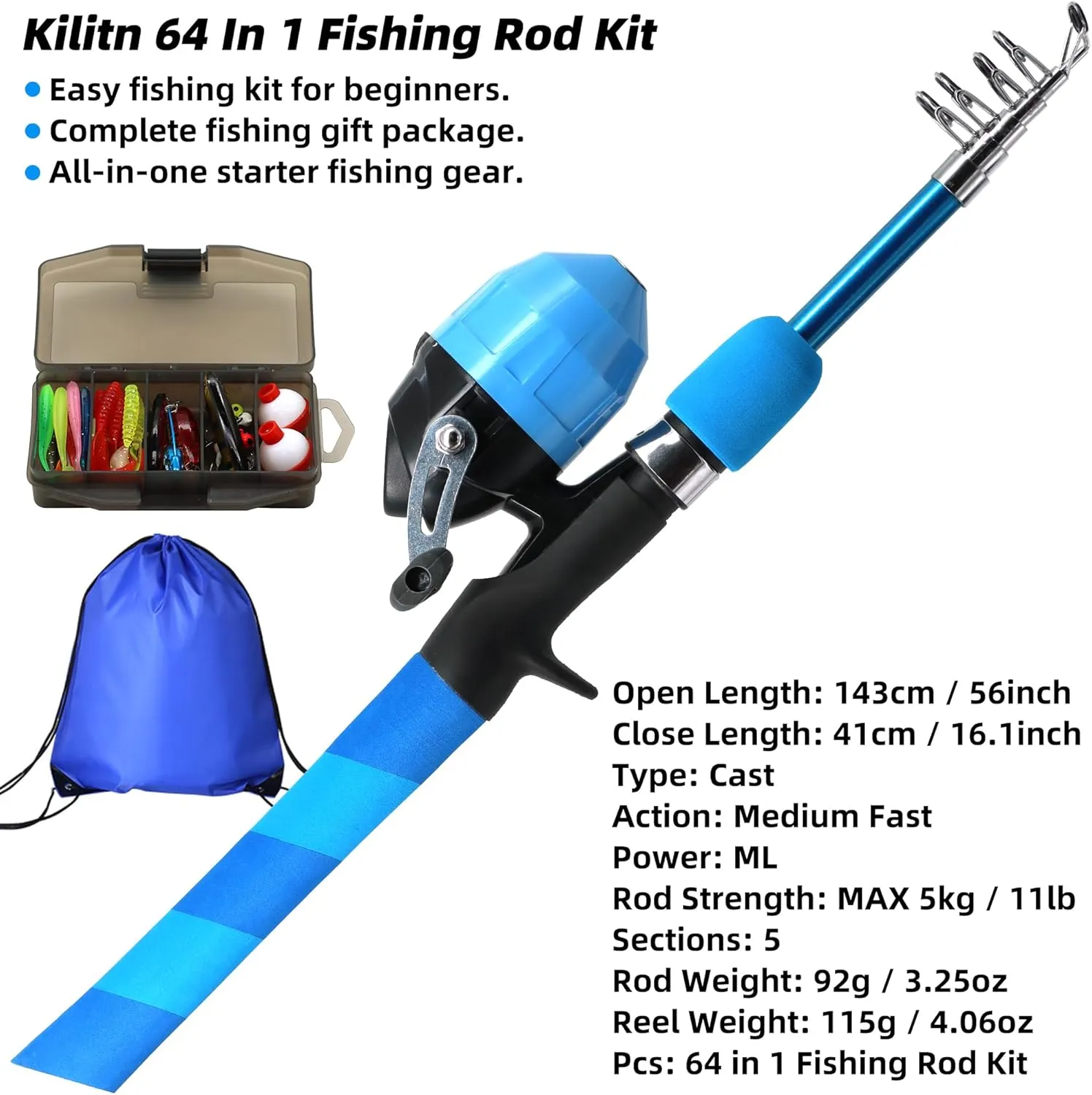 Kilitn Kids Fishing Pole Kit, Easy Fishing Telescopic Casting Rod and Spincast Reel Combos Full Set with Tackle and Travel Bag, for Boys, Girls, Youth, Starter