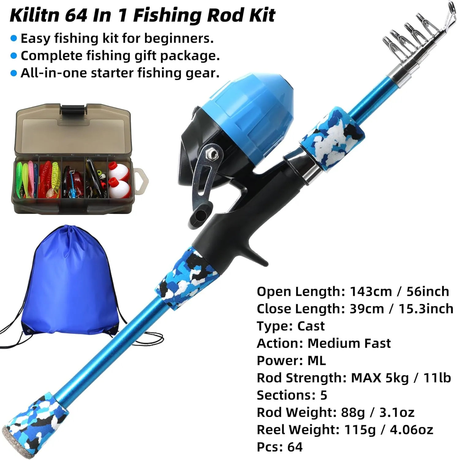 Kilitn Kids Fishing Pole Kit, Easy Fishing Telescopic Casting Rod and Spincast Reel Combos Full Set with Tackle and Travel Bag, for Boys, Girls, Youth, Starter