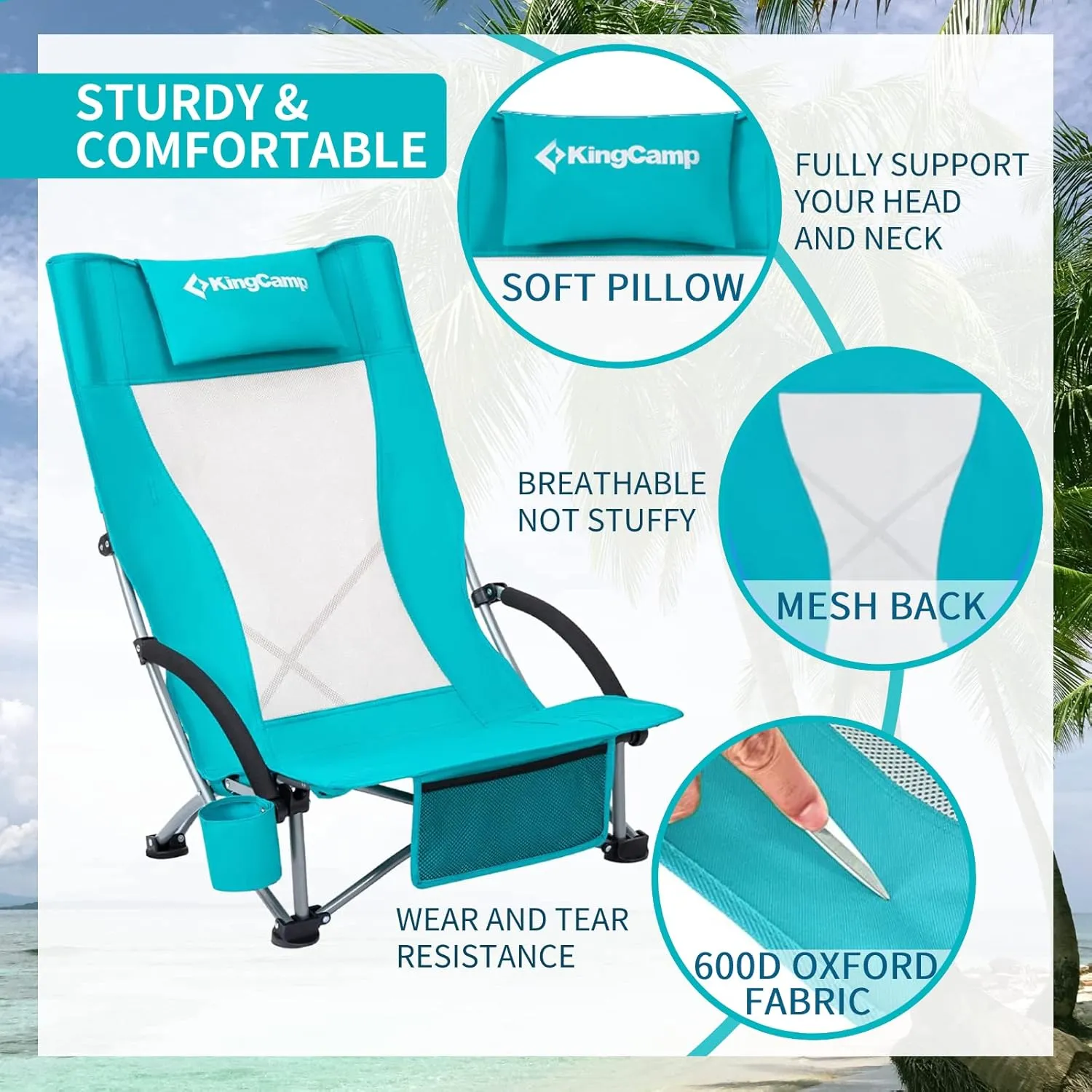 KingCamp Folding Beach Chair High Back Lightweight Portable Backpack Chair with Headrest, Cup Holder for Camping Outdoor Sand Concert Lawn Festival Sports, Cyan