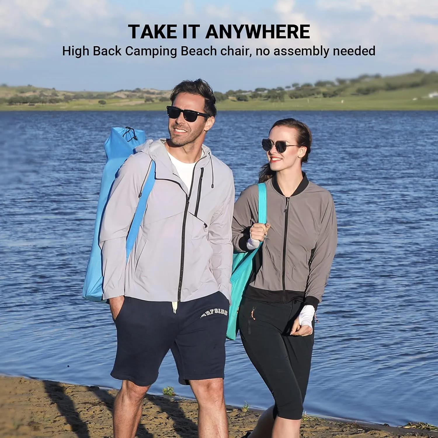 KingCamp Folding Beach Chair High Back Lightweight Portable Backpack Chair with Headrest, Cup Holder for Camping Outdoor Sand Concert Lawn Festival Sports, Cyan