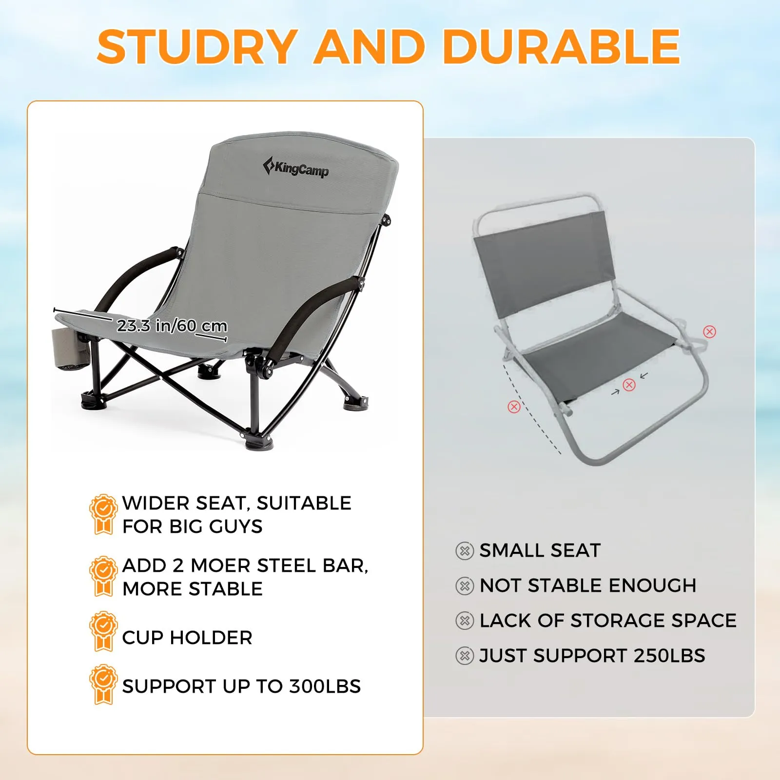 KingCamp Low Back Lightweight Strong Stable Folding Beach Chair 2-piece Set