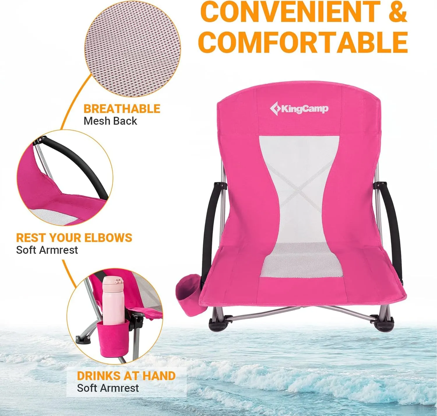 KingCamp Low Folding Beach Chair - Portable & Heavy Duty Beach Gear with 300lbs Capacity, Low Seat Design, Lightweight Camping Chair for Adults, Beach, Picnic, Concert & Outdoor Activities