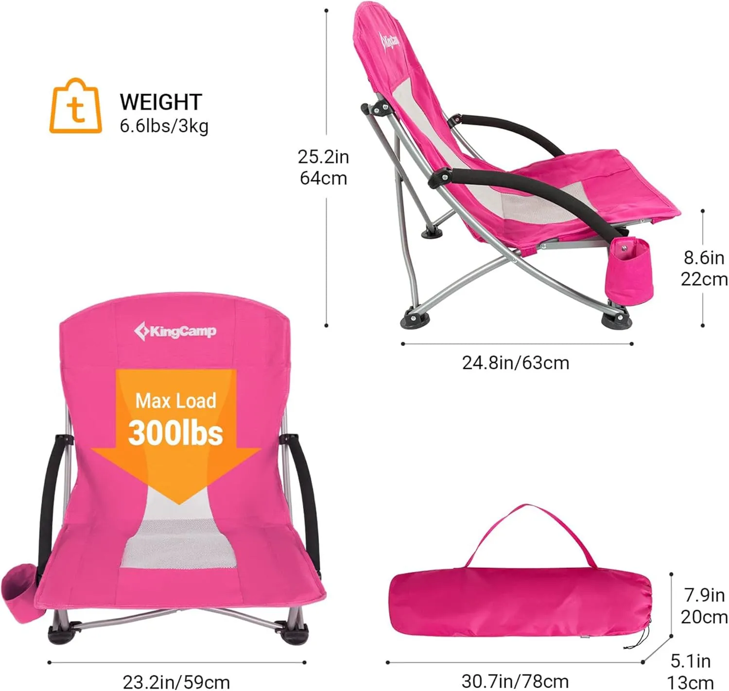 KingCamp Low Folding Beach Chair - Portable & Heavy Duty Beach Gear with 300lbs Capacity, Low Seat Design, Lightweight Camping Chair for Adults, Beach, Picnic, Concert & Outdoor Activities