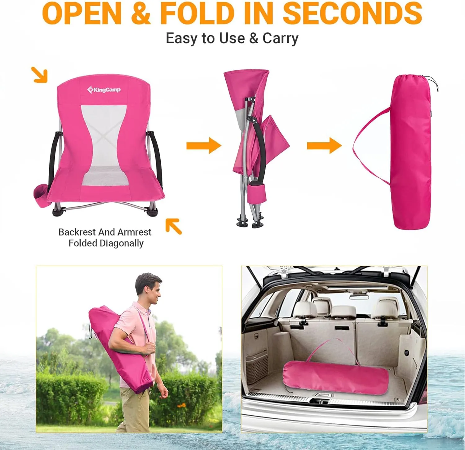 KingCamp Low Folding Beach Chair - Portable & Heavy Duty Beach Gear with 300lbs Capacity, Low Seat Design, Lightweight Camping Chair for Adults, Beach, Picnic, Concert & Outdoor Activities