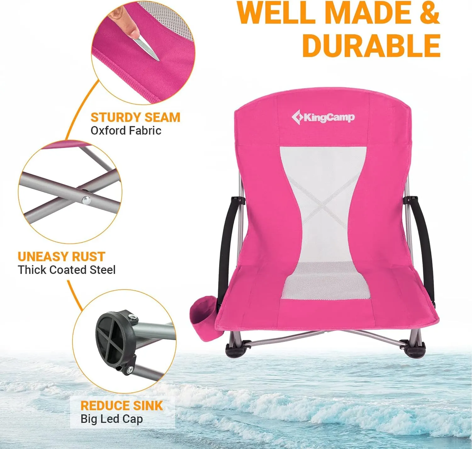 KingCamp Low Folding Beach Chair - Portable & Heavy Duty Beach Gear with 300lbs Capacity, Low Seat Design, Lightweight Camping Chair for Adults, Beach, Picnic, Concert & Outdoor Activities
