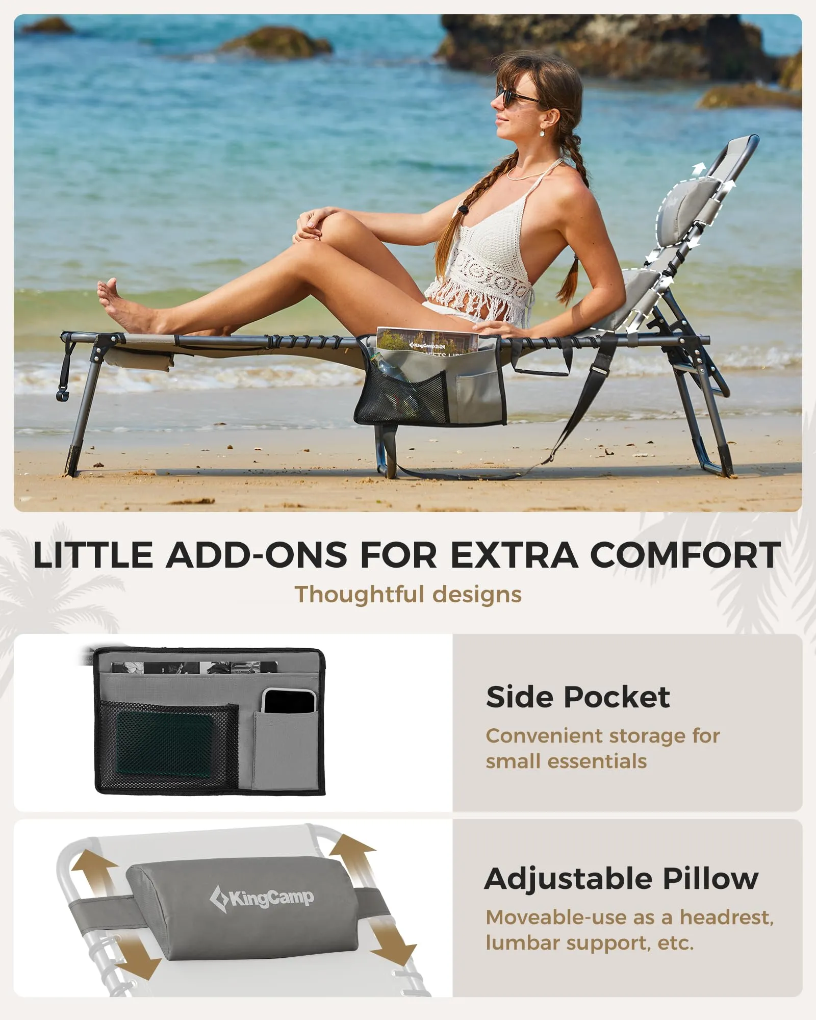 KingCamp MAGNOLIA B10 Backpack Chaise Lounge - 5-Position Adjustable Recliner with Pillow & Side Pocket