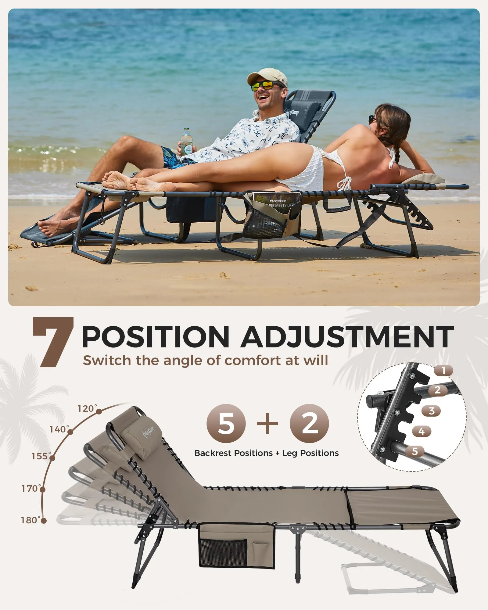 KingCamp MAGNOLIA B10 Backpack Chaise Lounge - 5-Position Adjustable Recliner with Pillow & Side Pocket