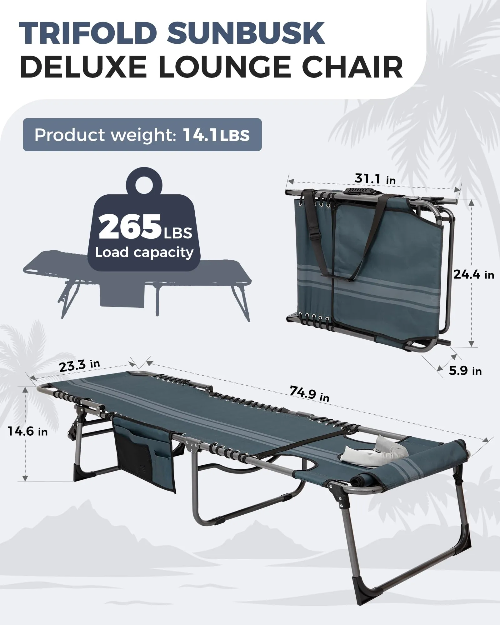 KingCamp MAGNOLIA B10 Backpack Chaise Lounge - 5-Position Adjustable Recliner with Pillow & Side Pocket