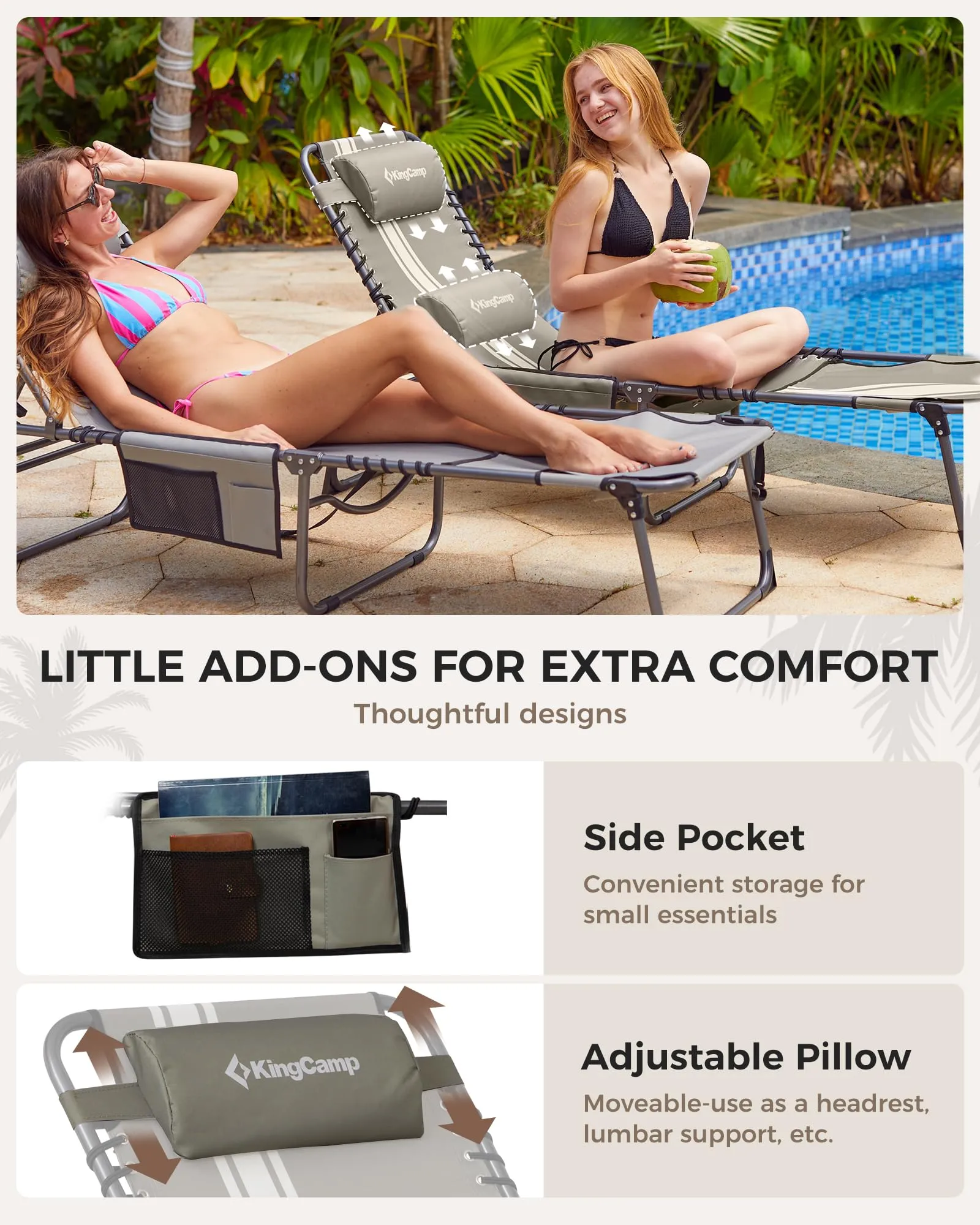 KingCamp MAGNOLIA B10 Backpack Chaise Lounge - 5-Position Adjustable Recliner with Pillow & Side Pocket