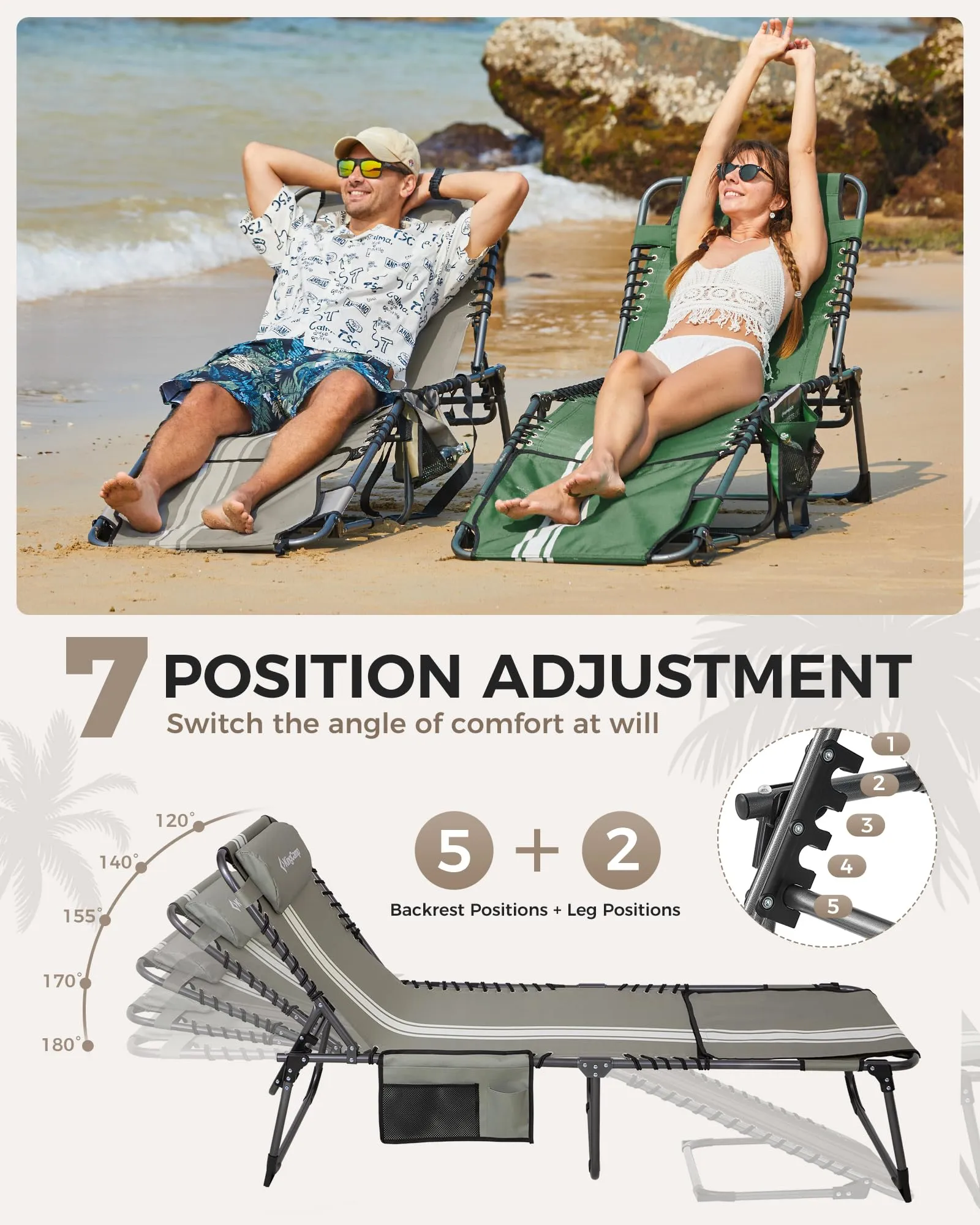 KingCamp MAGNOLIA B10 Backpack Chaise Lounge - 5-Position Adjustable Recliner with Pillow & Side Pocket