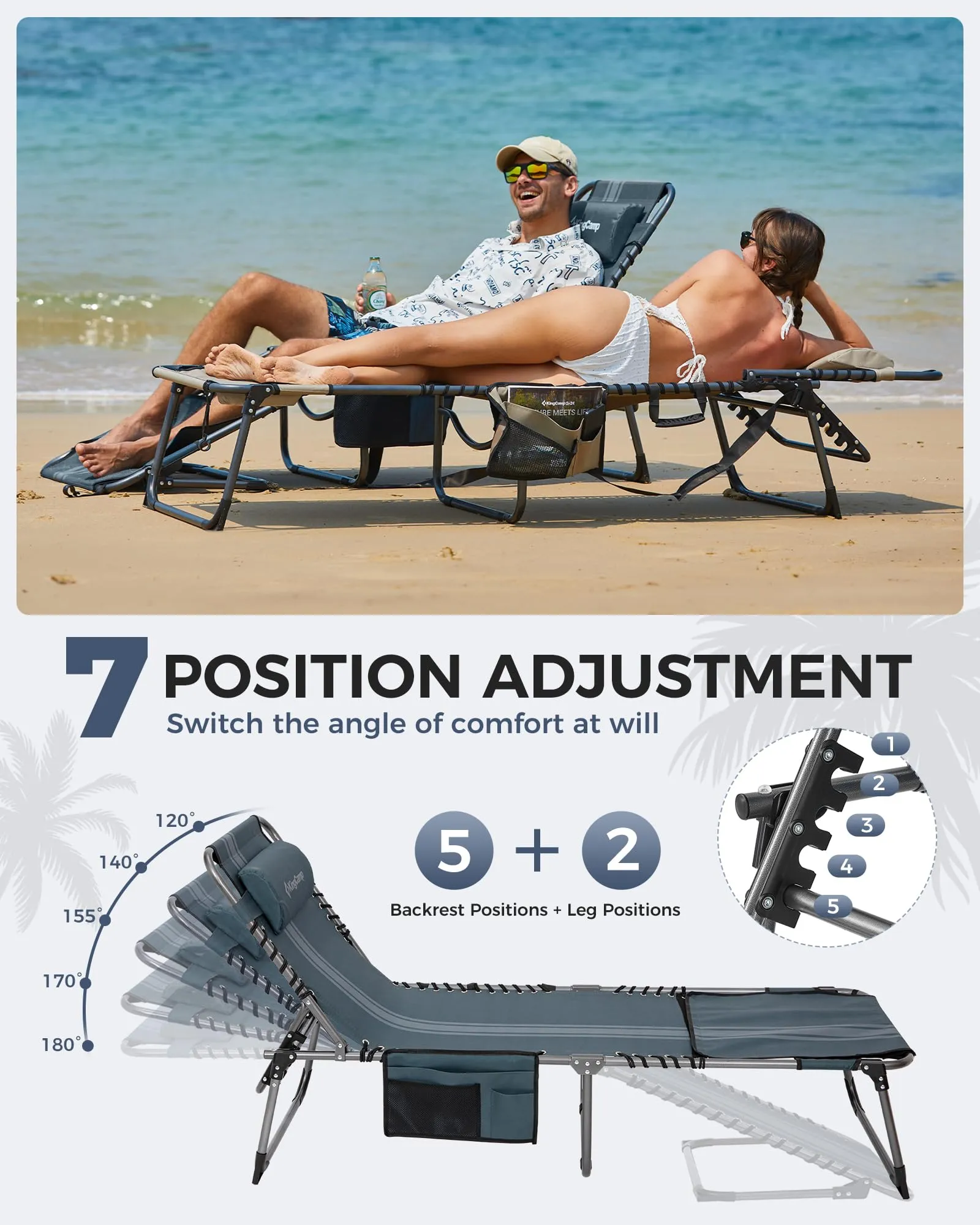KingCamp MAGNOLIA B10 Backpack Chaise Lounge - 5-Position Adjustable Recliner with Pillow & Side Pocket