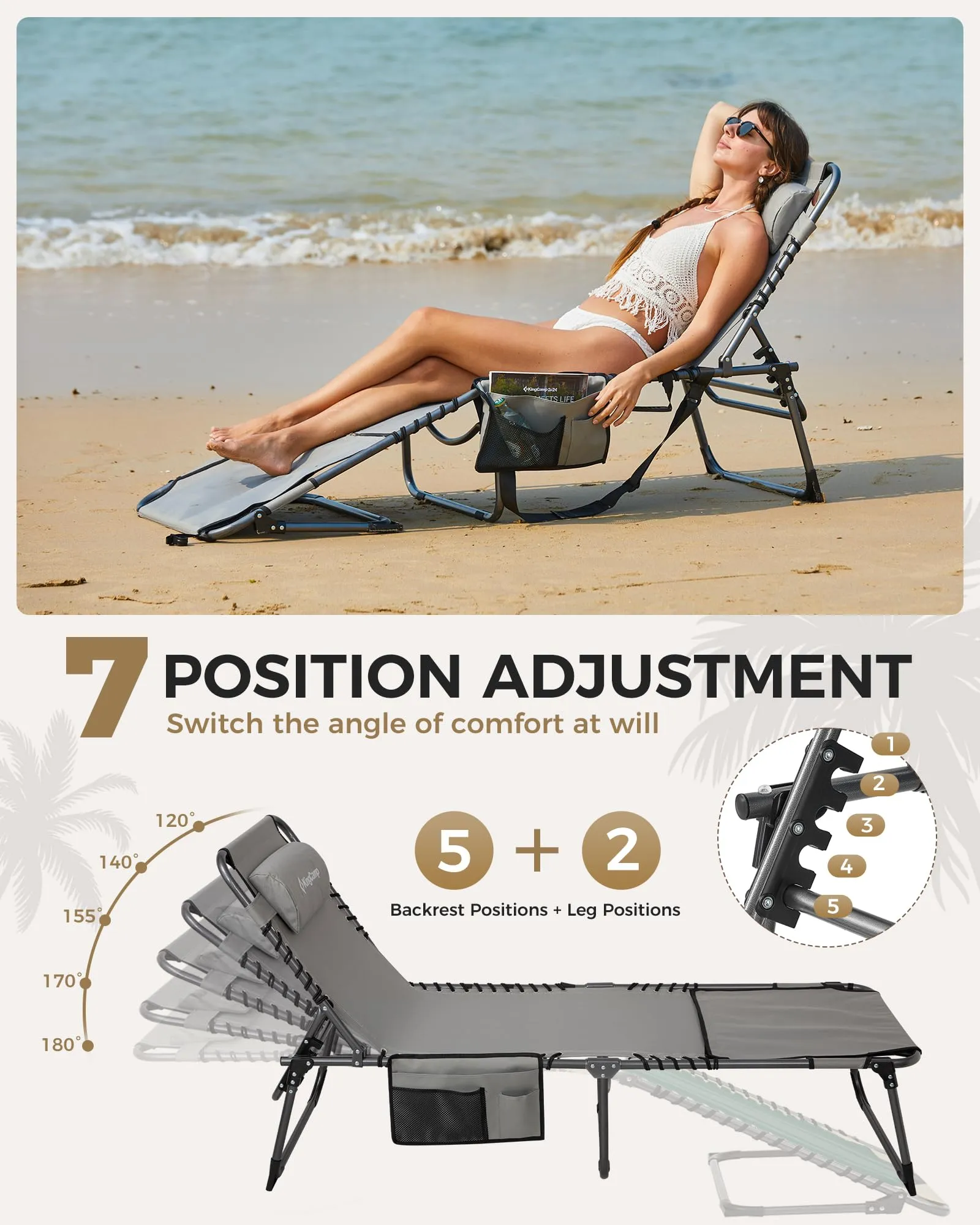 KingCamp MAGNOLIA B10 Backpack Chaise Lounge - 5-Position Adjustable Recliner with Pillow & Side Pocket