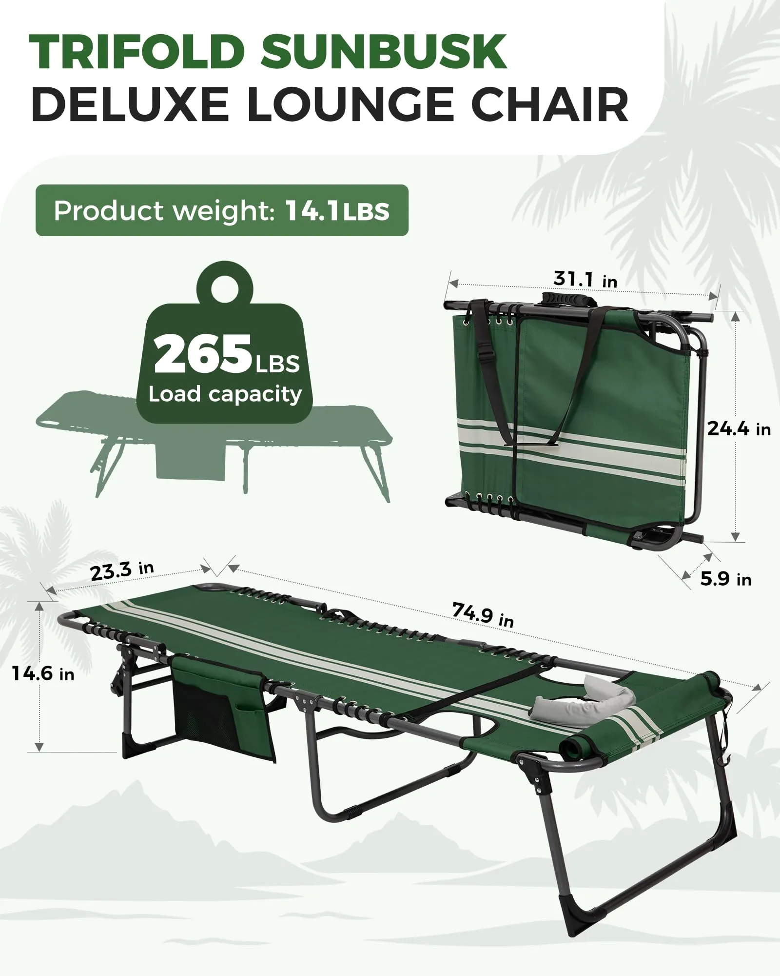 KingCamp MAGNOLIA B10 Backpack Chaise Lounge - 5-Position Adjustable Recliner with Pillow & Side Pocket