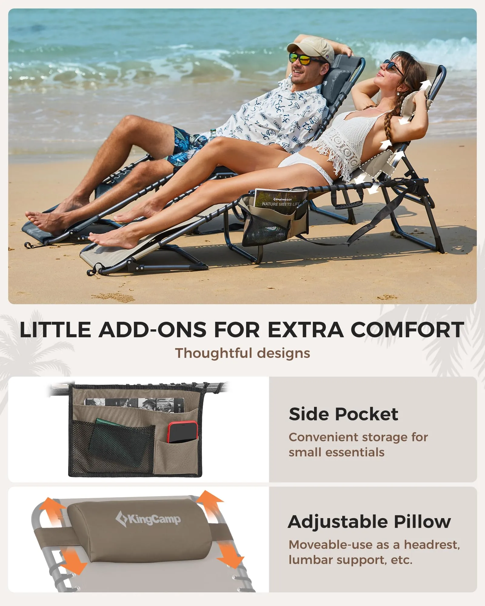 KingCamp MAGNOLIA B10 Backpack Chaise Lounge - 5-Position Adjustable Recliner with Pillow & Side Pocket