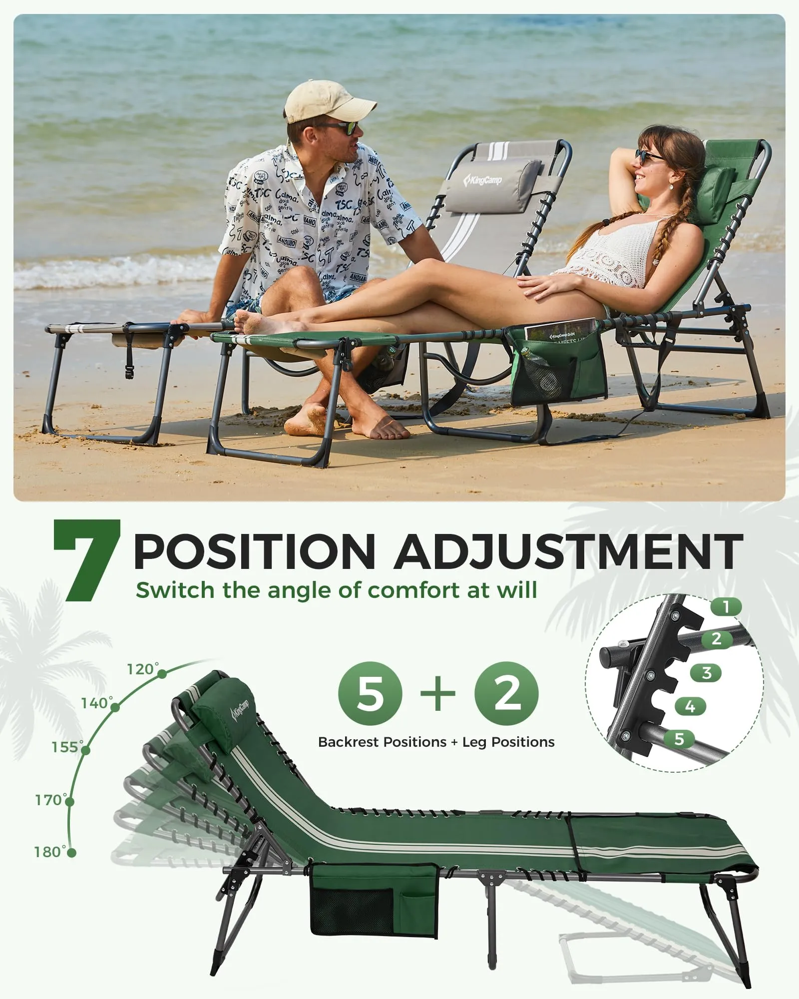 KingCamp MAGNOLIA B10 Backpack Chaise Lounge - 5-Position Adjustable Recliner with Pillow & Side Pocket