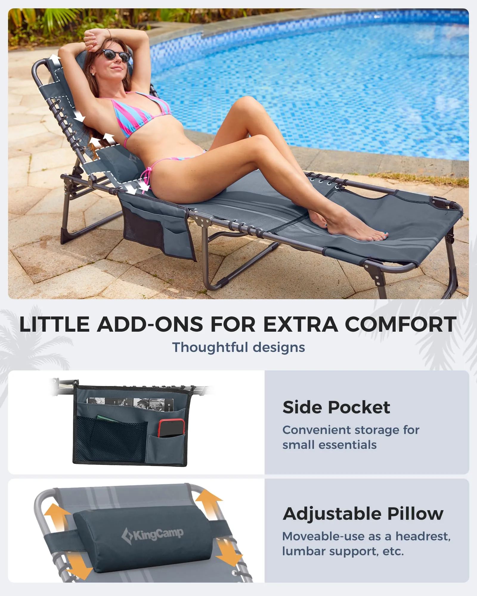 KingCamp MAGNOLIA B10 Backpack Chaise Lounge - 5-Position Adjustable Recliner with Pillow & Side Pocket