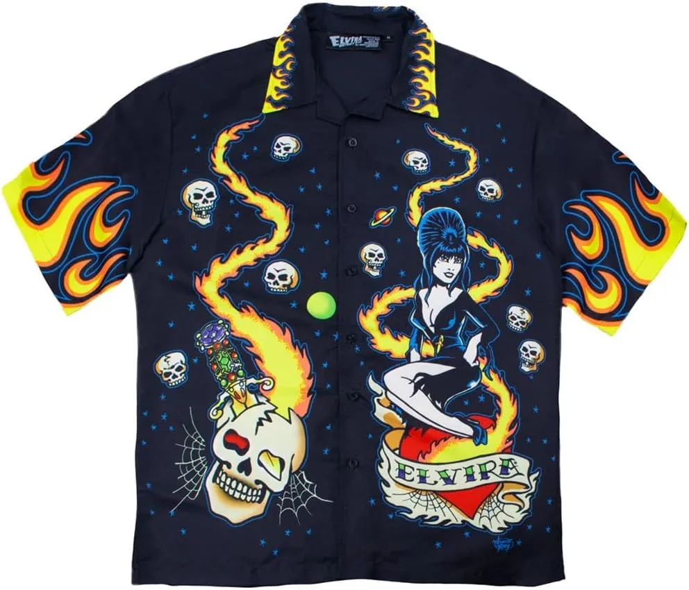 kreepsville 666 Elvira Mistress of The Dark Retro Flames Tattoo Skull Sublimated Button Down Collared Short Sleeve Shirt