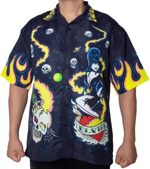kreepsville 666 Elvira Mistress of The Dark Retro Flames Tattoo Skull Sublimated Button Down Collared Short Sleeve Shirt