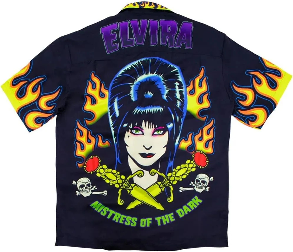 kreepsville 666 Elvira Mistress of The Dark Retro Flames Tattoo Skull Sublimated Button Down Collared Short Sleeve Shirt