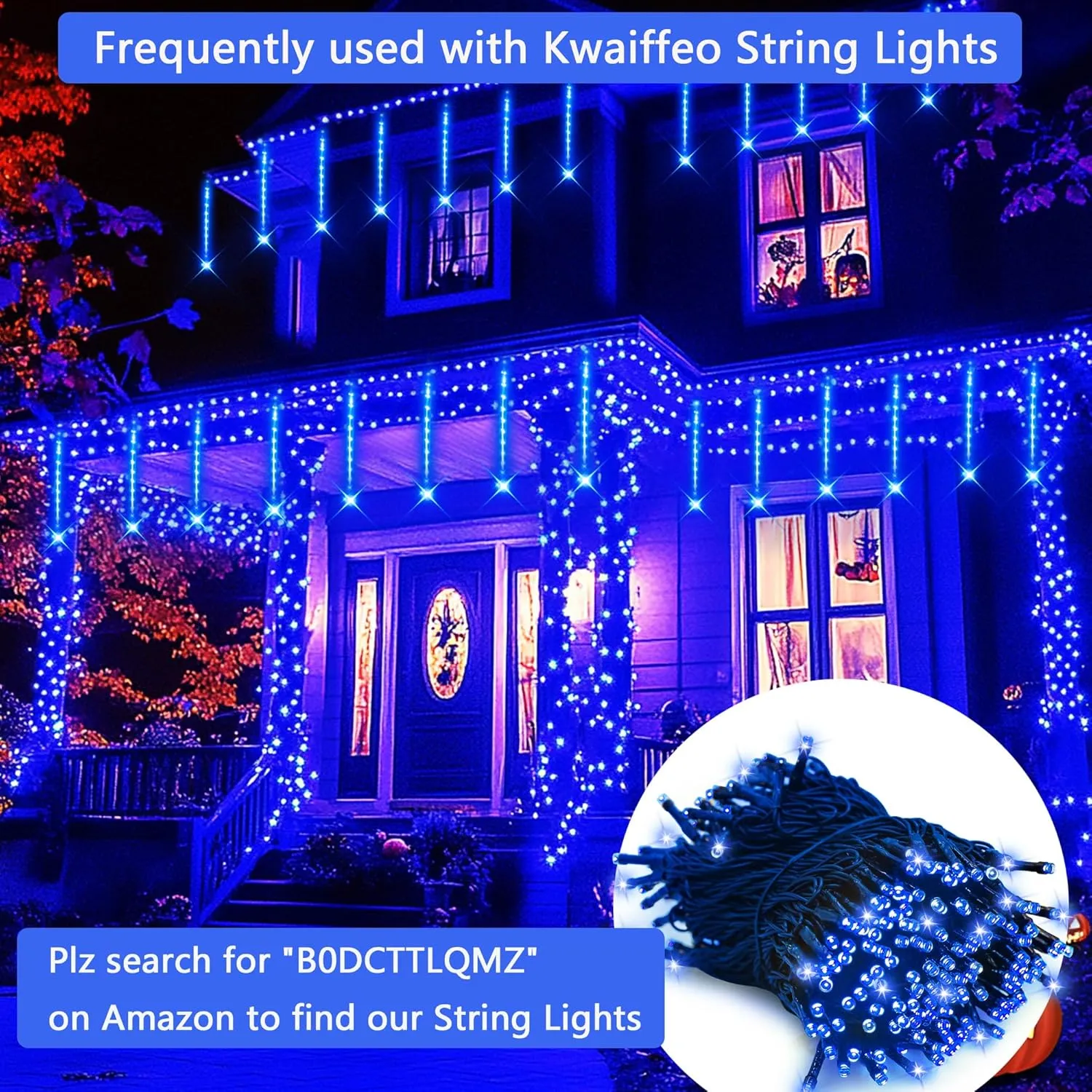Kwaiffeo Meteor Shower Lights - 12 Inch 8 Tube Rain Falling Icicle Cascading Lights for Xmas Tree, Halloween, Wedding Party & Outdoor Yard Decorations - UL Plug Blue