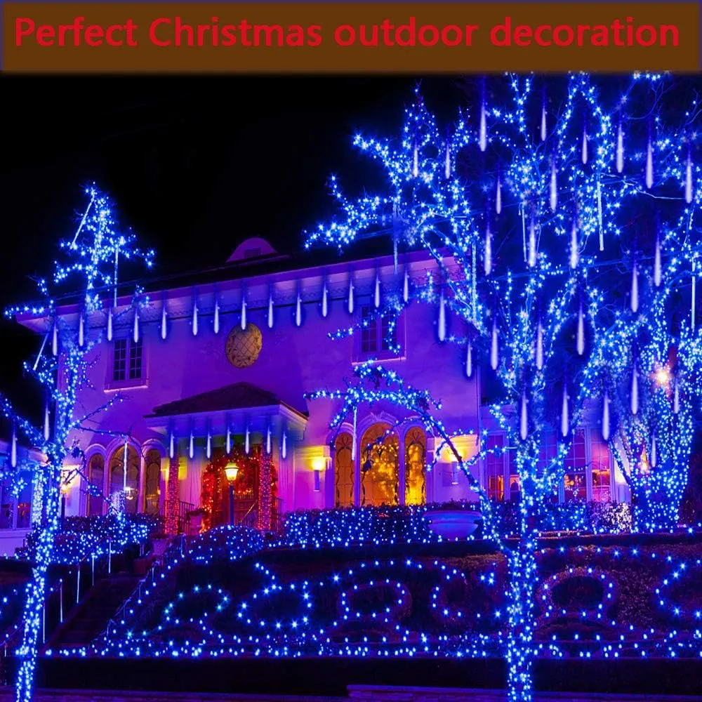 Kwaiffeo Meteor Shower Lights - 12 Inch 8 Tube Rain Falling Icicle Cascading Lights for Xmas Tree, Halloween, Wedding Party & Outdoor Yard Decorations - UL Plug Blue