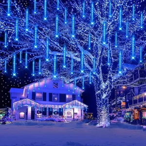 Kwaiffeo Meteor Shower Lights - 12 Inch 8 Tube Rain Falling Icicle Cascading Lights for Xmas Tree, Halloween, Wedding Party & Outdoor Yard Decorations - UL Plug Blue