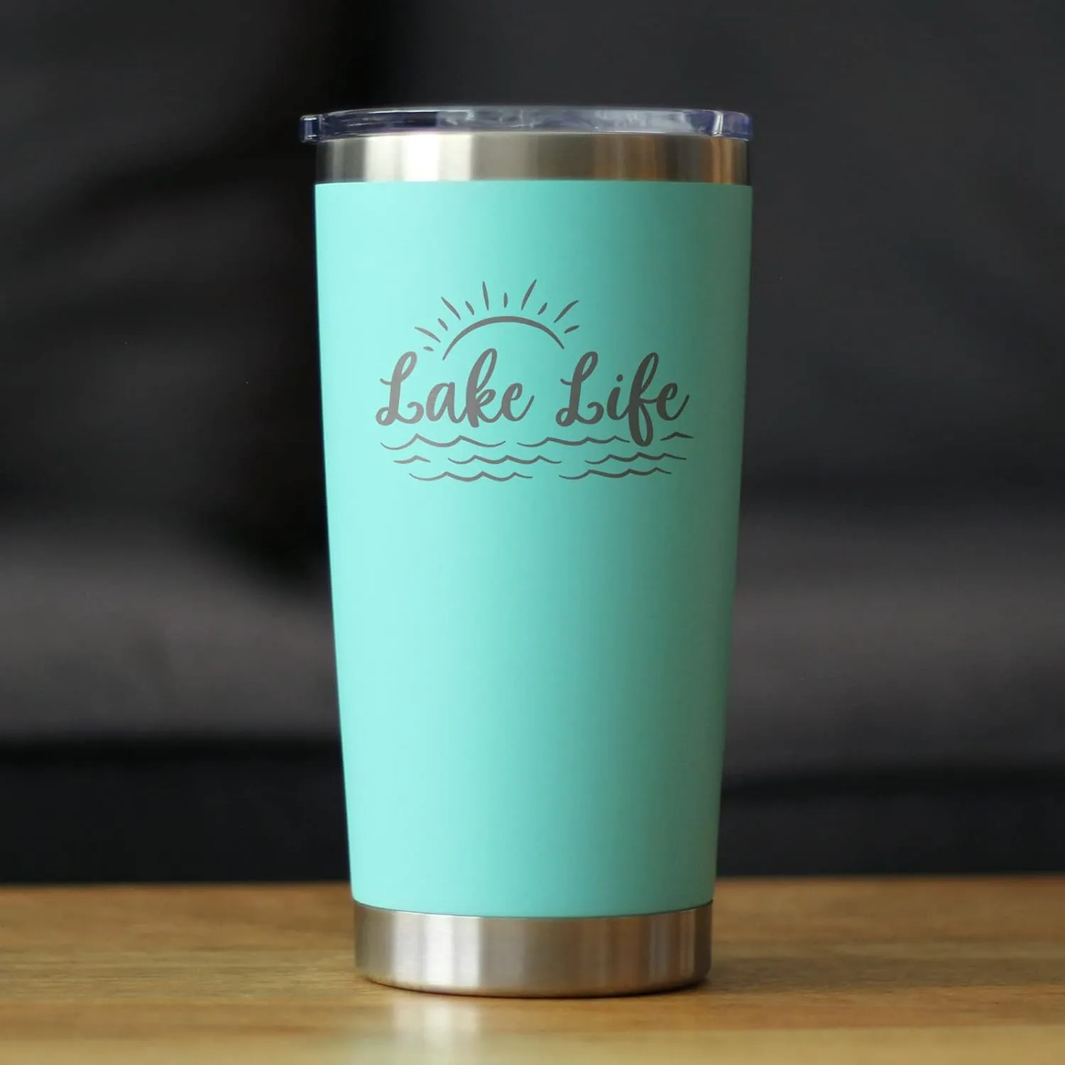 Lake Life - Insulated Coffee Tumbler Cup with Sliding Lid - Stainless Steel Insulated Mug - Cute Outdoor Camping Mug and Lake House Decor - Teal