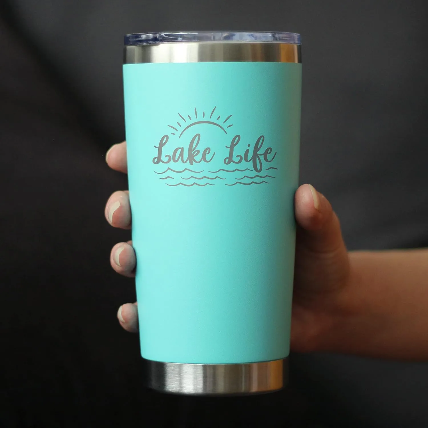 Lake Life - Insulated Coffee Tumbler Cup with Sliding Lid - Stainless Steel Insulated Mug - Cute Outdoor Camping Mug and Lake House Decor - Teal