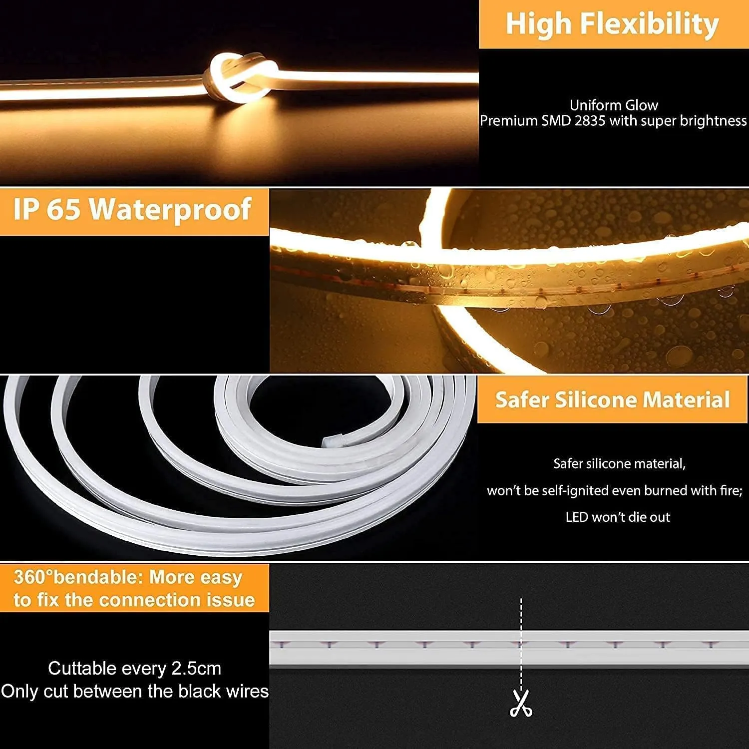 Lamomo LED Neon Lights, 12V Warm White Dimmable LED Strip Lights, 16.4ft/5m Waterproof LED Neon Rope Lights, Silicone 3000K Neon LED Strip for Bedroom Indoor Home Decor (Power Adapter Included)