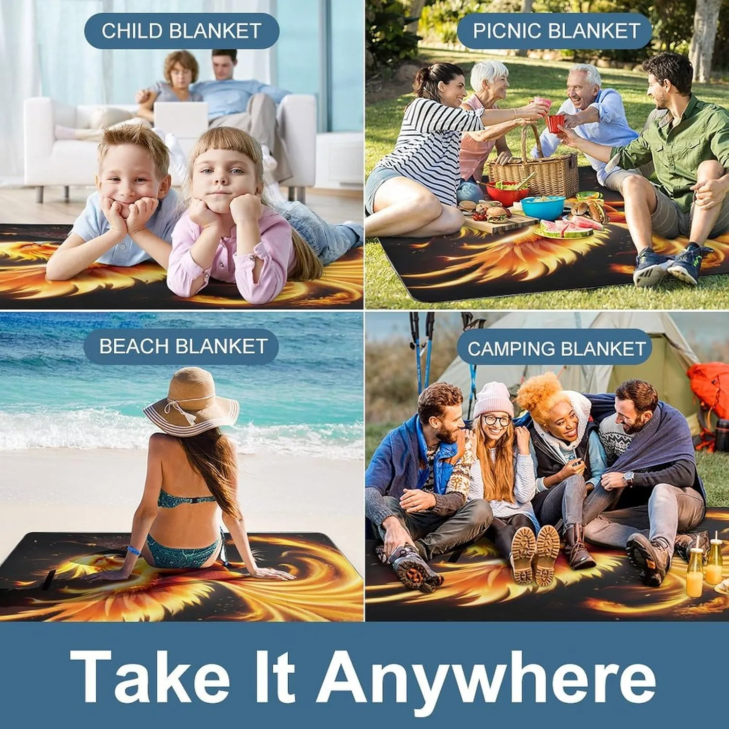 Large Beach Mat for Women Men Unisex, Foldable Waterproof Cool Fire Bird Blanket for Outdoor Park Travel Picnic Accessories