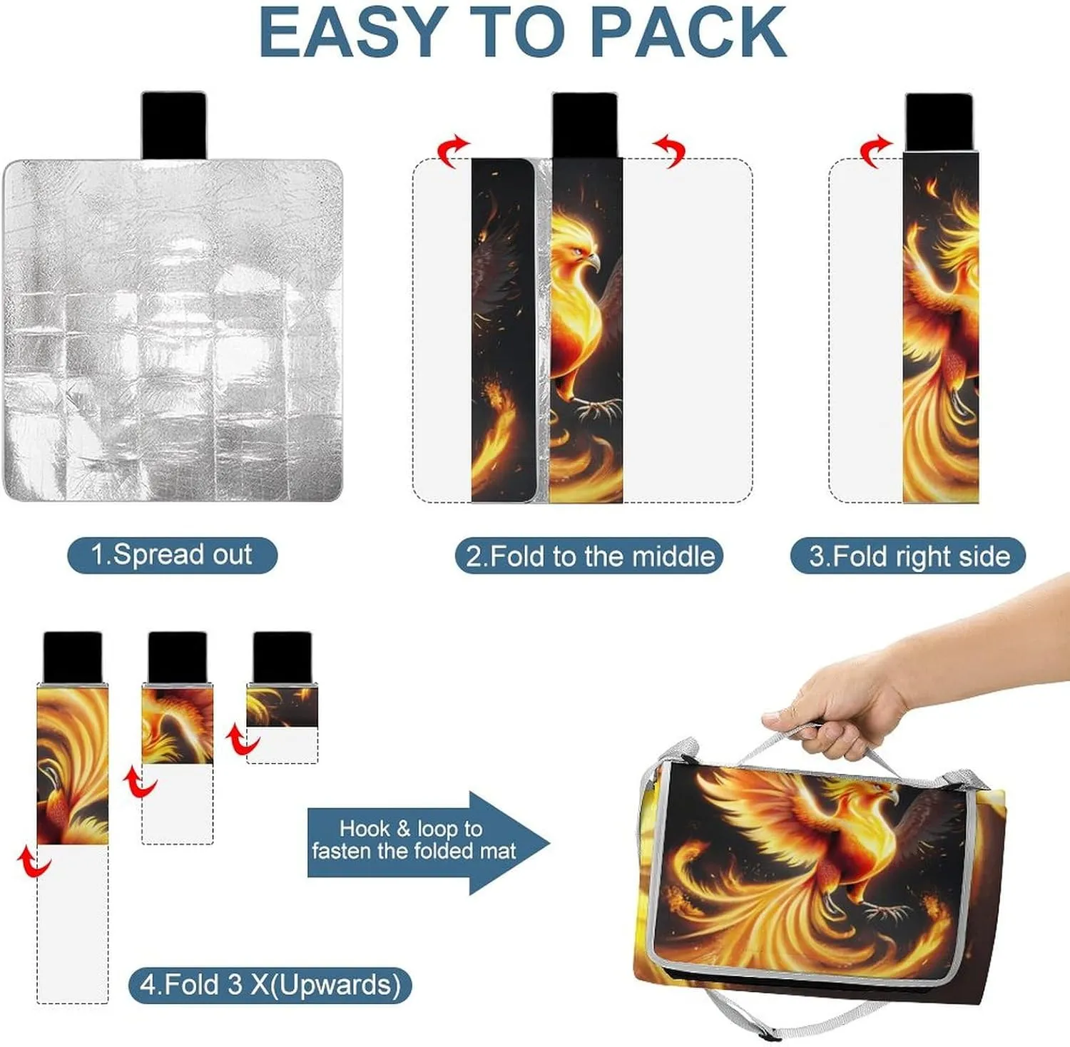 Large Beach Mat for Women Men Unisex, Foldable Waterproof Cool Fire Bird Blanket for Outdoor Park Travel Picnic Accessories