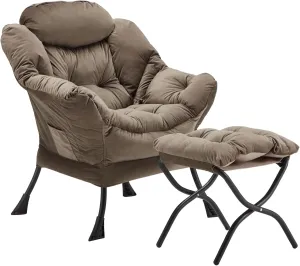 Lazy Chair with Folding Ottoman, Accent Chair Velvet Upholstered with Metal Structure and Non-Slip Pads, Sofa Armchair with Footrest and Side Storage Bag for Dorm, Room, Office, Dark Gray